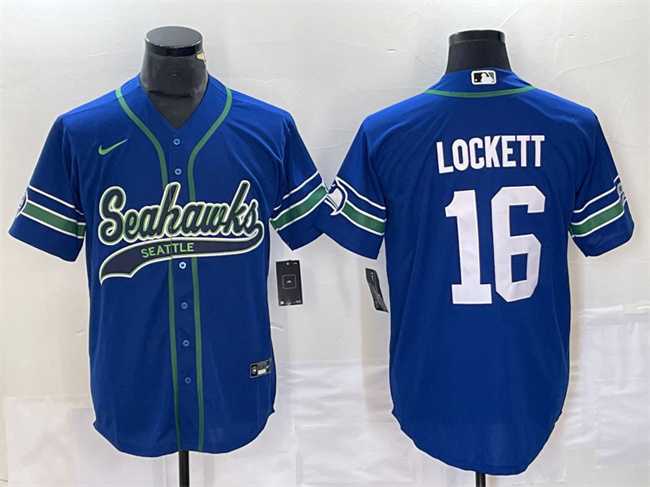 Mens Seattle Seahawks #16 Tyler Lockett Royal Throwback Cool Base Stitched Baseball Jersey->->NFL Jersey
